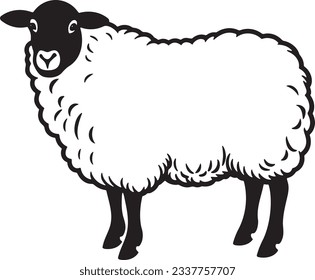 Sheep with wool, Basic simple Minimalist vector graphic, isolated on white background, black and white