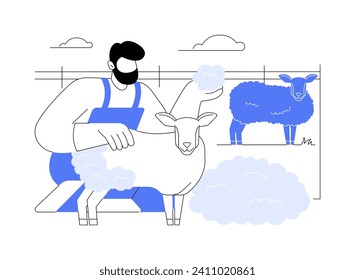 Sheep wool production isolated cartoon vector illustrations. Young farmer making sheep wool at farm, agriculture industry, agribusiness idea, secondary production sector vector cartoon.