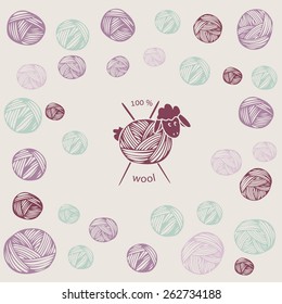 Sheep with wool yarn and knitting needles as "100% wool" symbol on balls of yarn background.Vector illustration in eps8 format.