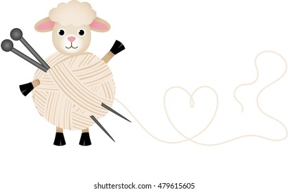 Sheep with wool yarn and knitting needles