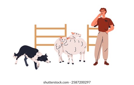 Sheepdog herding sheep. Canine trainer, handler, farmer teaching, educating work dog, guardian, shepherd animal on farm, guarding livestock. Flat vector illustration isolated on white background