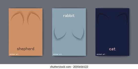 Sheepdog, rabbit and cat. Typical funny drawings of ears only. Posters in a modern minimalist style. Vector template