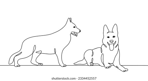 Perro de oveja en posición de pie y de tumbo. Día Internacional del Perro. Un dibujo de línea para diferentes usos. Ilustración vectorial.