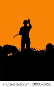 Sheepman vector image. Sunset nature background.