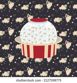Сute sheep-popcorn print on dark blue background. Drawn old popcorn machine movie mood