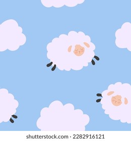 Sheeps and clouds seamless pattern. Sheeps on sky blue background