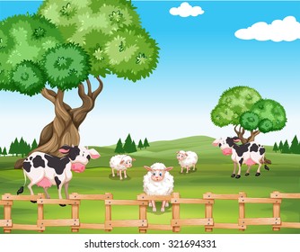 Sheeps and cows in the field illustration