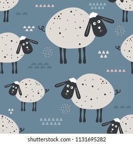 Ovejas, fondo dibujado a mano. Colorido patrón transparente con animales. Papel pintado bonito y decorativo, bueno para imprimir. Vector de fondo superpuesto. Ilustración de diseño
