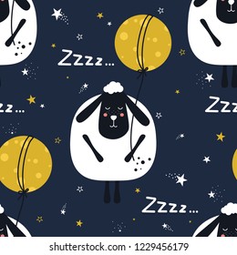 Sheeps, hand drawn backdrop. Colorful seamless pattern with animals, moon, stars. Decorative cute wallpaper, good for printing. Overlapping background vector. Design illustration