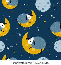 Sheeps, hand drawn backdrop. Colorful seamless pattern with animals, moon, stars. Decorative cute wallpaper, good for printing. Overlapping colored background vector. Design illustration