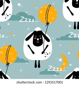 Sheeps, hand drawn backdrop. Colorful seamless pattern with animals, moon, stars, clouds. Decorative cute wallpaper, good for printing. Overlapping colored background vector. Design illustration