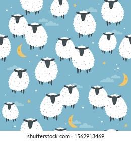 Sheeps, hand drawn backdrop. Colorful seamless pattern with animals, moon, stars. Decorative cute wallpaper, good for printing. Overlapping colored background vector. Design illustration