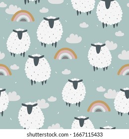 Sheeps, hand drawn backdrop. Colorful seamless pattern with animals, sky. Decorative cute wallpaper, good for printing. Overlapping background vector