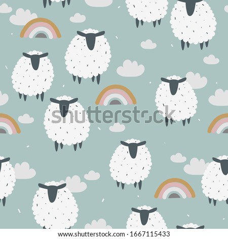 Sheeps, hand drawn backdrop. Colorful seamless pattern with animals, sky. Decorative cute wallpaper, good for printing. Overlapping background vector