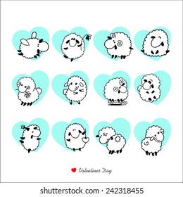 Sheeps in heart. Valentine's sheeps. Sheeps in love. Valentine's day greeting card background. 