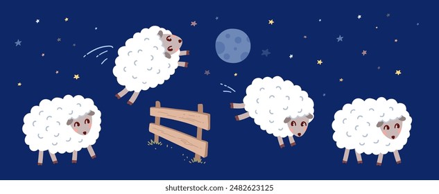 Sheeps jumping through fence on starry night background. Sleeping time vector illustration.