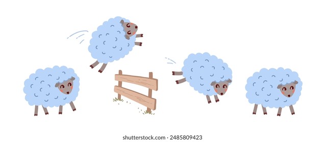 Sheeps jumping through fence. Sleeping time vector illustration.