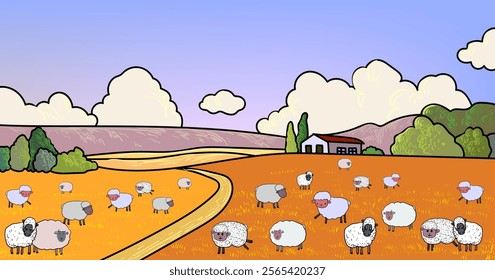 Sheeps, lambs,goats  on farm yard landscape village background vector illustration.