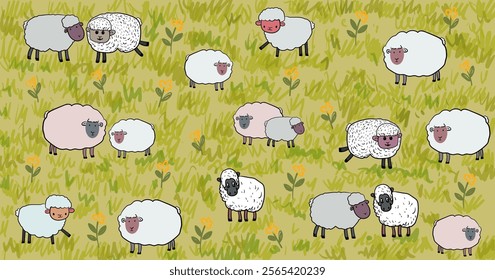 Sheeps, lambs,goats  on farm yard landscape village background vector illustration.