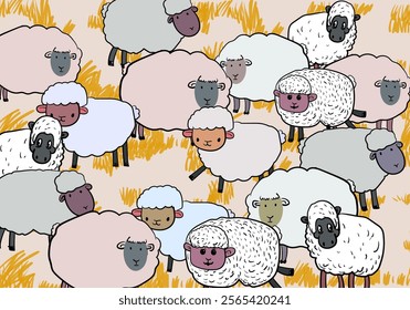 Sheeps, lambs,goats  on farm yard landscape village background vector illustration.