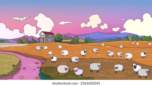 Sheeps, lambs,goats  on farm yard landscape village background vector illustration.