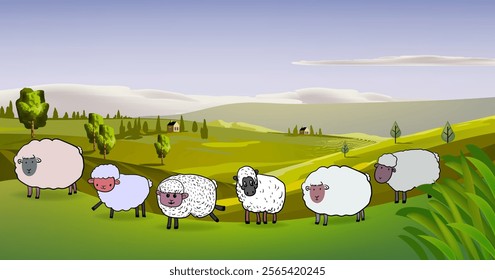 Sheeps, lambs,goats  on farm yard landscape village background vector illustration.