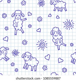 Sheeps - notebook sketch style doodle seamless pattern