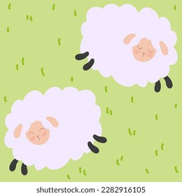 Sheeps on the grass seamless pattern. Sheep graze in the meadow