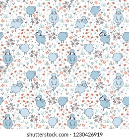 Sheeps on the lawn with berries. Seamless pattern.
