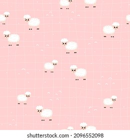 Ovejas con fondo rosa revisado, patrón sin fisuras con animales lindos de granja en estilo de dibujos animados infantiles para el diseño de ropa de cama o tela