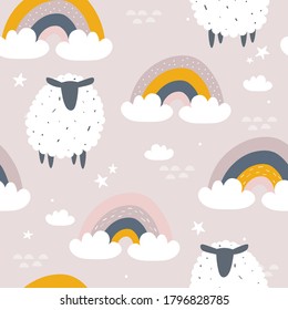 Sheeps, rainbow, hand drawn backdrop. Colorful seamless pattern with animals, sky. Decorative cute wallpaper, good for printing. Overlapping background vector