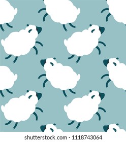 Sheeps seamless pattern in cute cartoon flat style fluffy clouds repeating texture with blue and white animals