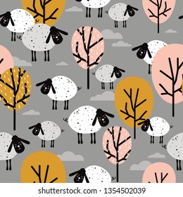 Sheeps and trees, hand drawn backdrop. Colorful seamless pattern with animals, clouds. Decorative cute wallpaper, good for printing. Overlapping colored background vector. Design illustration