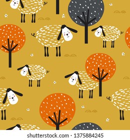 Sheeps and trees, hand drawn backdrop. Colorful seamless pattern with animals. Decorative cute wallpaper, good for printing. Overlapping colored background vector. Design illustration