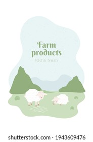Sheeps walks on field. Lamb sleeps on the grass. Landscape with green hills and abstract flowers. Textured sky shapes and text. Farm products branding concept. Cute animal, vector illustration