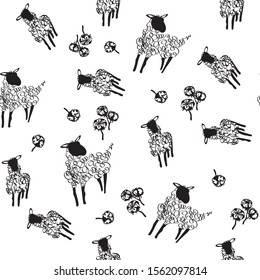 Sheeps. Wool and cotton. Seamless pattern. Vector hand drawn illustration on white background. Decorative cute wallpaper, good for printing