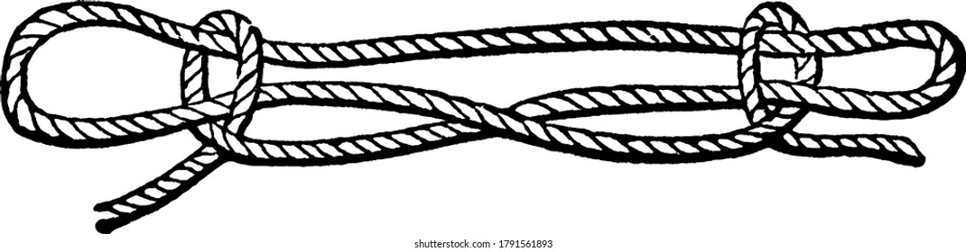 The sheepshank, a kind of knot, hitch, or bend made on a rope to shorten it temporarily, vintage line drawing or engraving illustration.