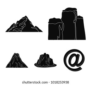 Sheer cliffs, a volcanic eruption, a mountain with a beach, a glacier. Different mountains set collection icons in black style vector symbol stock illustration web.