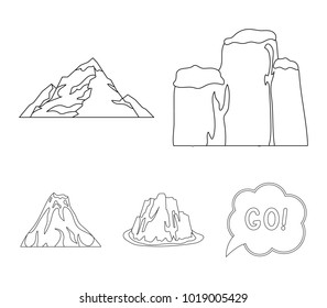Sheer cliffs, a volcanic eruption, a mountain with a beach, a glacier. Different mountains set collection icons in outline style vector symbol stock illustration web.