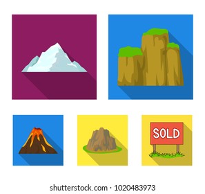 Sheer cliffs, a volcanic eruption, a mountain with a beach, a glacier. Different mountains set collection icons in flat style vector symbol stock illustration web.