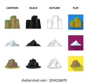 Sheer cliffs, a volcanic eruption, a mountain with a beach, a glacier. Different mountains set collection icons in cartoon,black,outline,flat style vector symbol stock illustration web.