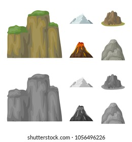 Sheer cliffs, a volcanic eruption, a mountain with a beach, a glacier. Different mountains set collection icons in cartoon,monochrome style vector symbol stock illustration web.