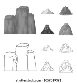 Sheer cliffs, a volcanic eruption, a mountain with a beach, a glacier. Different mountains set collection icons in outline,monochrome style vector symbol stock illustration web.
