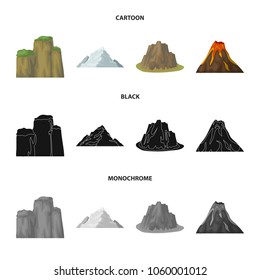 Sheer cliffs, a volcanic eruption, a mountain with a beach, a glacier. Different mountains set collection icons in cartoon,black,monochrome style vector symbol stock illustration web.