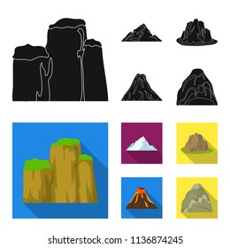 Sheer cliffs, a volcanic eruption, a mountain with a beach, a glacier. Different mountains set collection icons in black, flat style vector symbol stock illustration web.