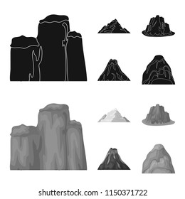 Sheer cliffs, a volcanic eruption, a mountain with a beach, a glacier. Different mountains set collection icons in black,monochrom style vector symbol stock illustration web.