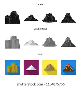 Sheer cliffs, a volcanic eruption, a mountain with a beach, a glacier. Different mountains set collection icons in black, flat, monochrome style vector symbol stock illustration web.