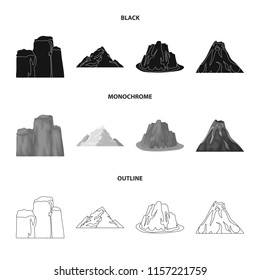 Sheer cliffs, a volcanic eruption, a mountain with a beach, a glacier. Different mountains set collection icons in black,monochrome,outline style vector symbol stock illustration web.