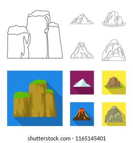 Sheer cliffs, a volcanic eruption, a mountain with a beach, a glacier. Different mountains set collection icons in outline,flat style vector symbol stock illustration web.