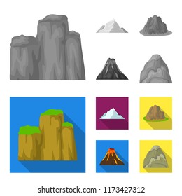 Sheer cliffs, a volcanic eruption, a mountain with a beach, a glacier. Different mountains set collection icons in monochrome,flat style vector symbol stock illustration web.